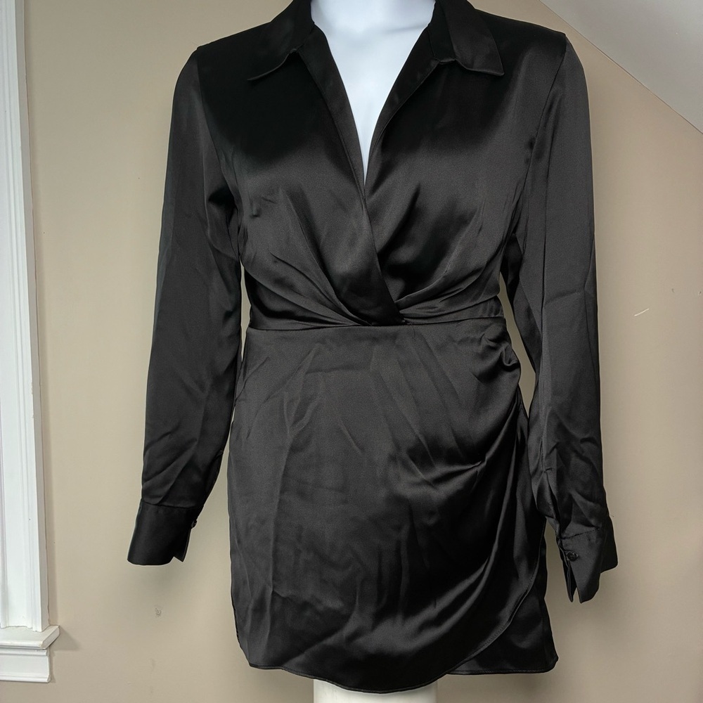 Zara Faux Wrap Mini Shirt Dress Women’s XL Black Satin Collared Cocktail Party